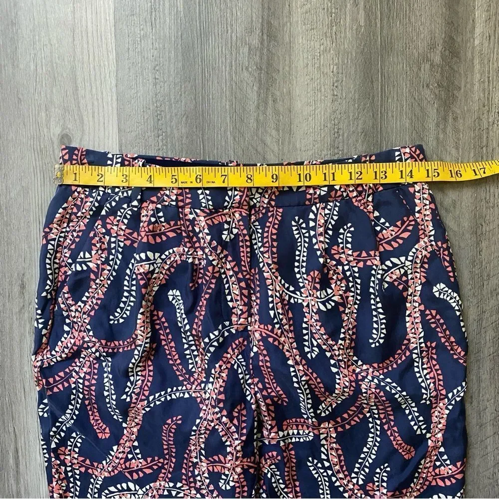 J. Crew Silk Pants Navy Coral Print Sophisticated Size 0